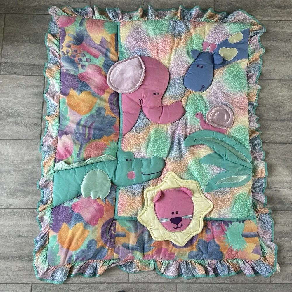 Vintage Crib JUDI S Baby Blanket Satin Animals 3D Judi's Colorful Jungle Animals